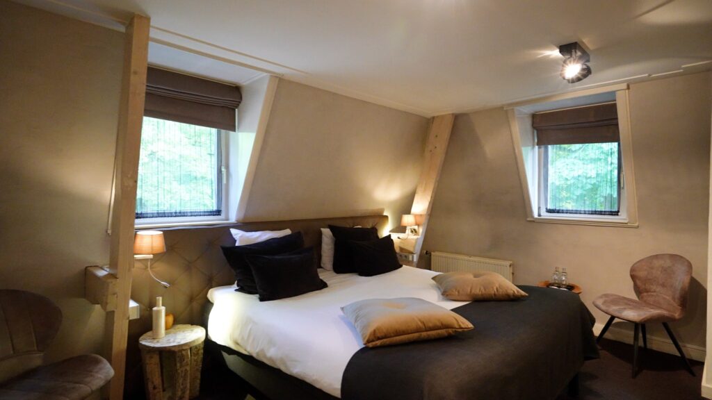 Hotelkamer onder de kap met fauteuil en zicht op het groen