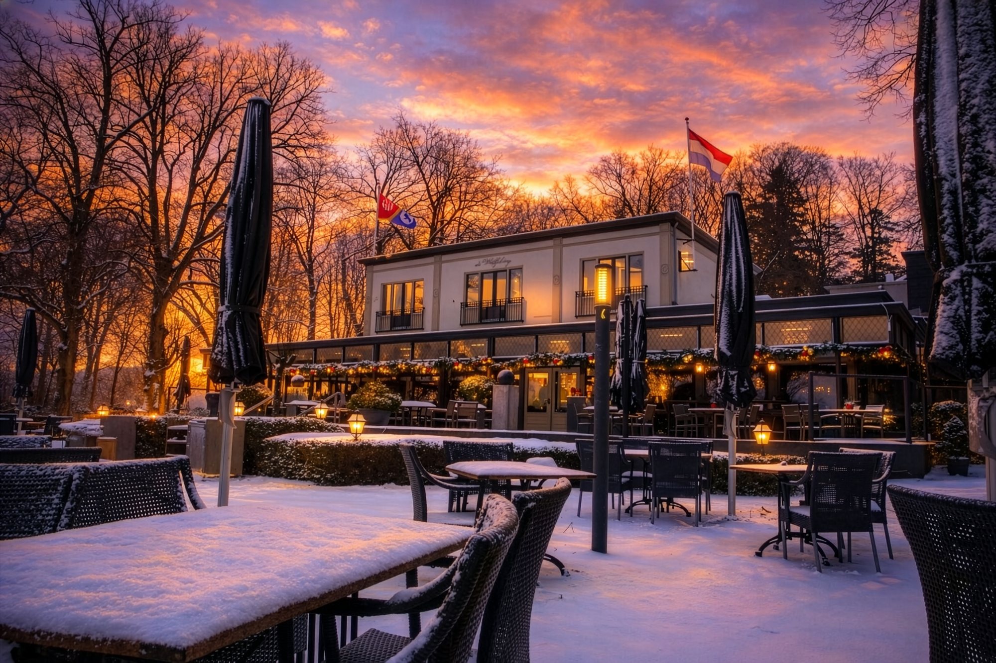 Terras van De Wolfsberg in de sneeuw met kerstverlichting bij zonsondergang