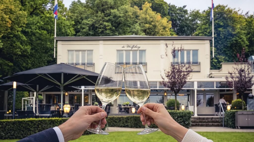 Proosten met champagne voor het landhuis